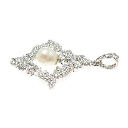 925 Sterling Silver Real Pearl & Round-Cut C Z Pendant