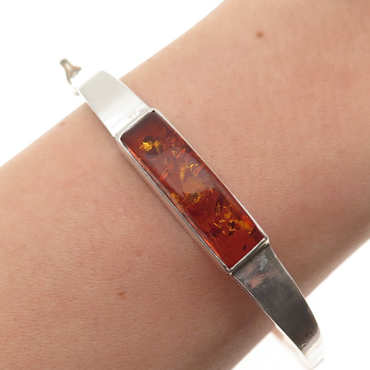 925 Sterling Silver Vintage Real Amber Modernist Bangle Bracelet 6.5"