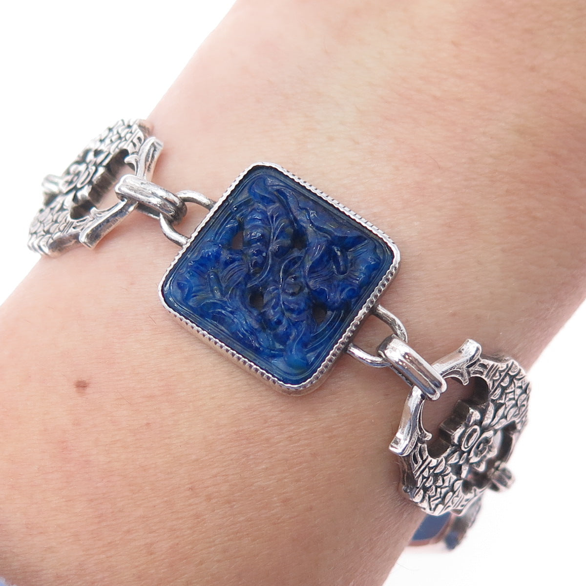 Binder Brothers 925 Sterling Silver Antique Art Deco Glass Floral Bracelet 7.25"