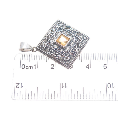 925 Sterling Silver Vintage Real Citrine Ornate Floral Oxidized Charm Pendant