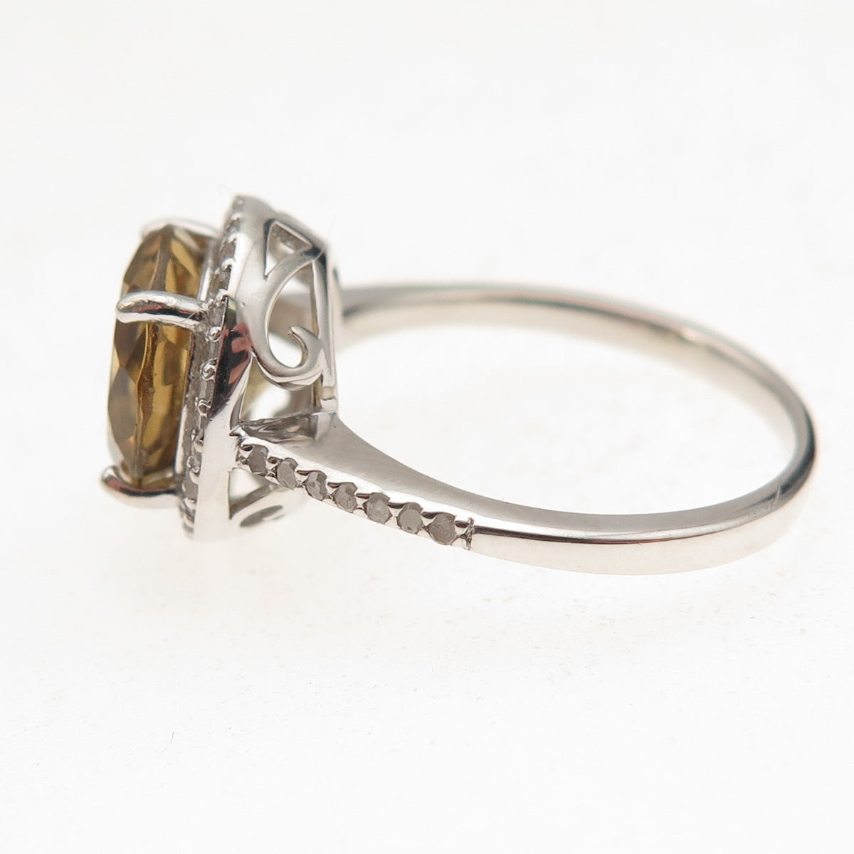925 Sterling Silver Real Round-Cut Diamond & Smoky Quartz Ring Size 8