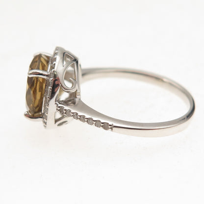 925 Sterling Silver Real Round-Cut Diamond & Smoky Quartz Ring Size 8