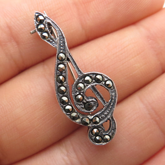 925 Sterling Silver Vintage Real Marcasite Treble Clef Oxidized Pin Brooch