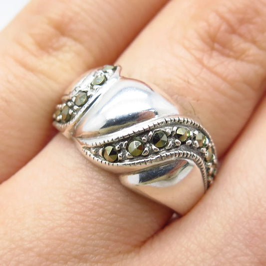 925 Sterling Silver Vintage Real Marcasite Gemstone Braided Ring Size 5.75