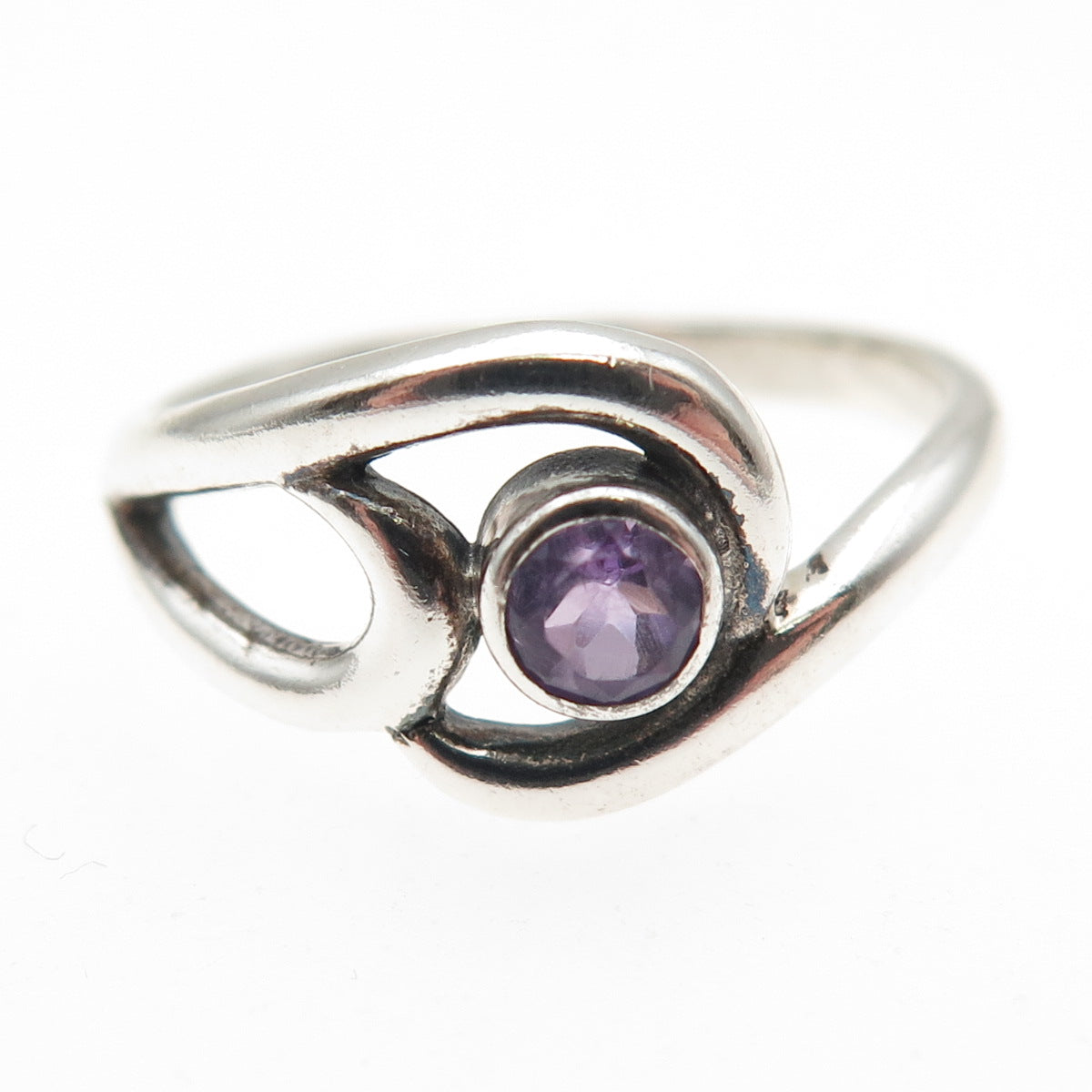 925 Sterling Silver Vintage Real Amethyst Modernist Swirl Ring Size 7.75