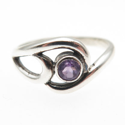 925 Sterling Silver Vintage Real Amethyst Modernist Swirl Ring Size 7.75