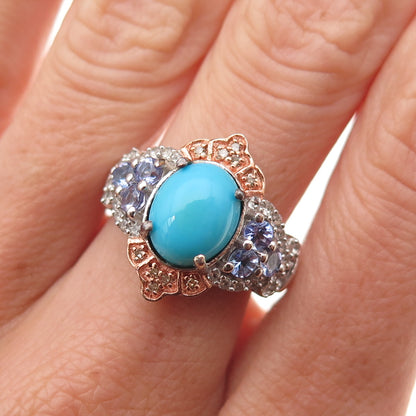 Chuck Clemency 925 Sterling 2-Tone Diamond Turquoise Tanzanite Topaz Ring Size 8