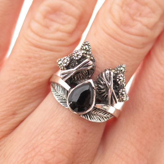925 Sterling Silver Vintage Real Black Onyx & Marcasite Cats Ring Size 7.75