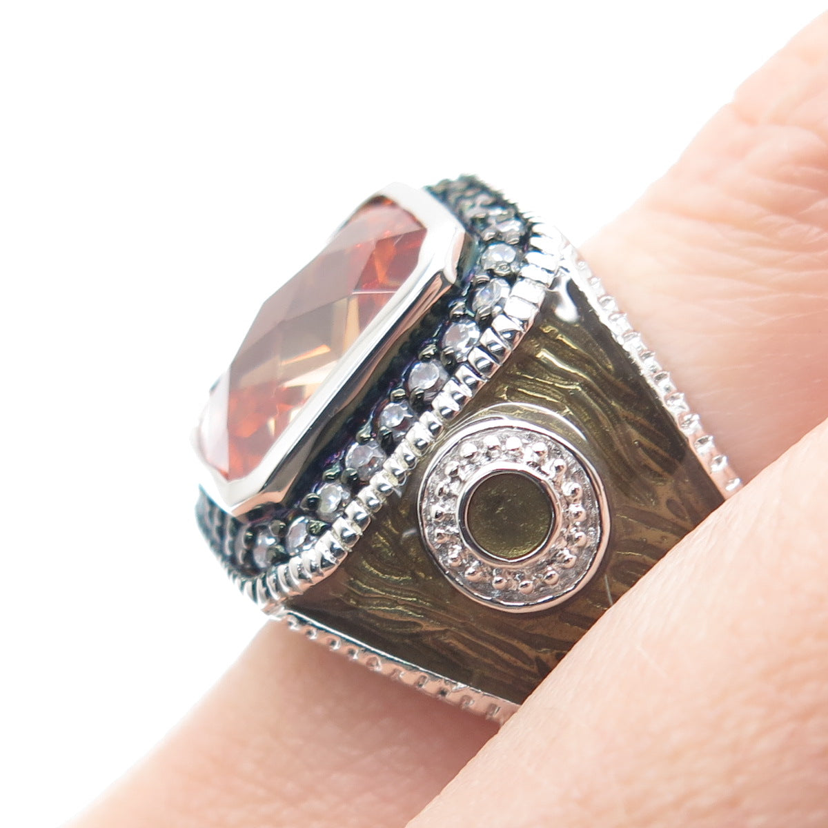 925 Sterling Silver White & Fire Multi-Cut C Z Enamel Ring Size 7.5