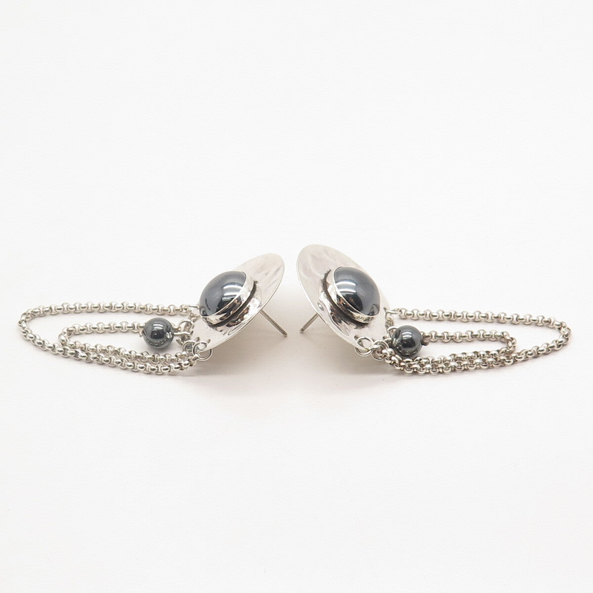 925 Sterling Silver Vintage Hematite Gem Box Chain Hammered Round Earrings