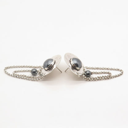 925 Sterling Silver Vintage Hematite Gem Box Chain Hammered Round Earrings