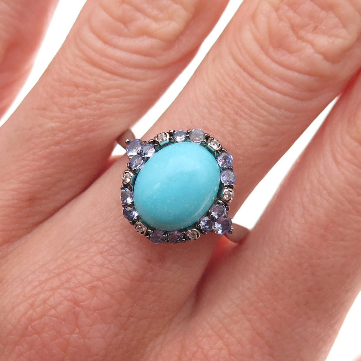 925 Sterling Silver Real Sleeping Beauty Turquoise Tanzanite & Topaz Ring Size 8