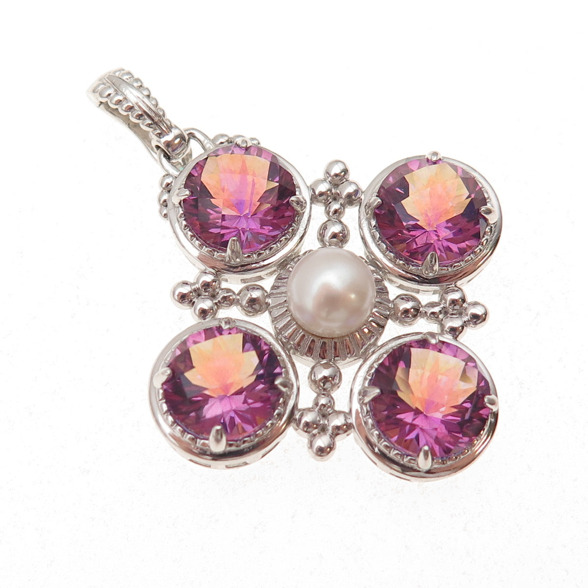 925 Sterling Silver Real Pearl & Mystic Quartz Cross Charm Pendant