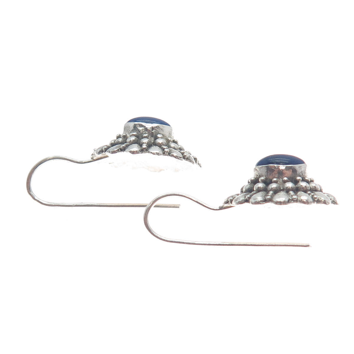 925 Sterling Silver Vintage Real Lapis Lazuli Beaded Floral Oxidized Earrings