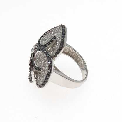 925 Sterling Silver Round-Cut Black & White C Z Flower Blossom Ring Size 8.25