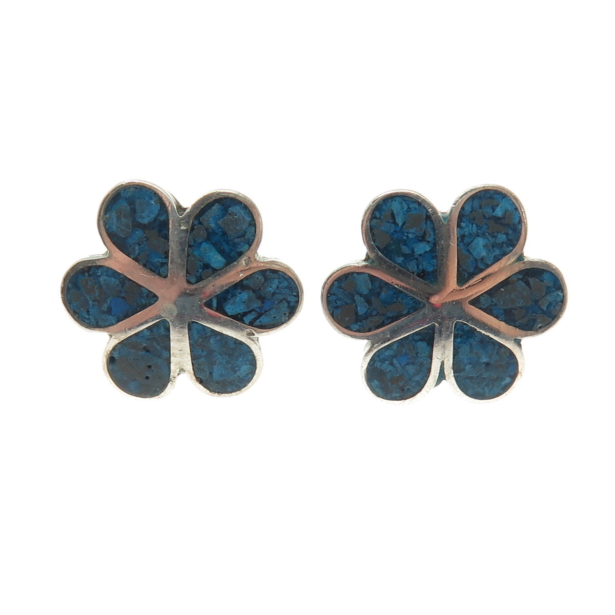 925 Sterling Silver Vintage MR Mexico Real Turquoise Inlay Flower Earrings