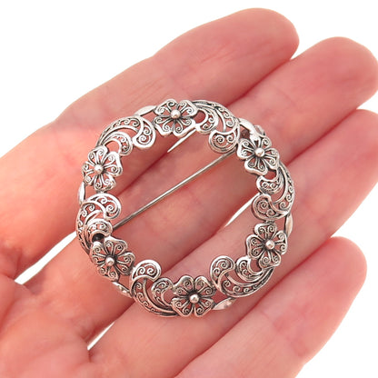 Alice Caviness 925 Sterling Antique Art Deco Germany Floral Oxidized Pin Brooch