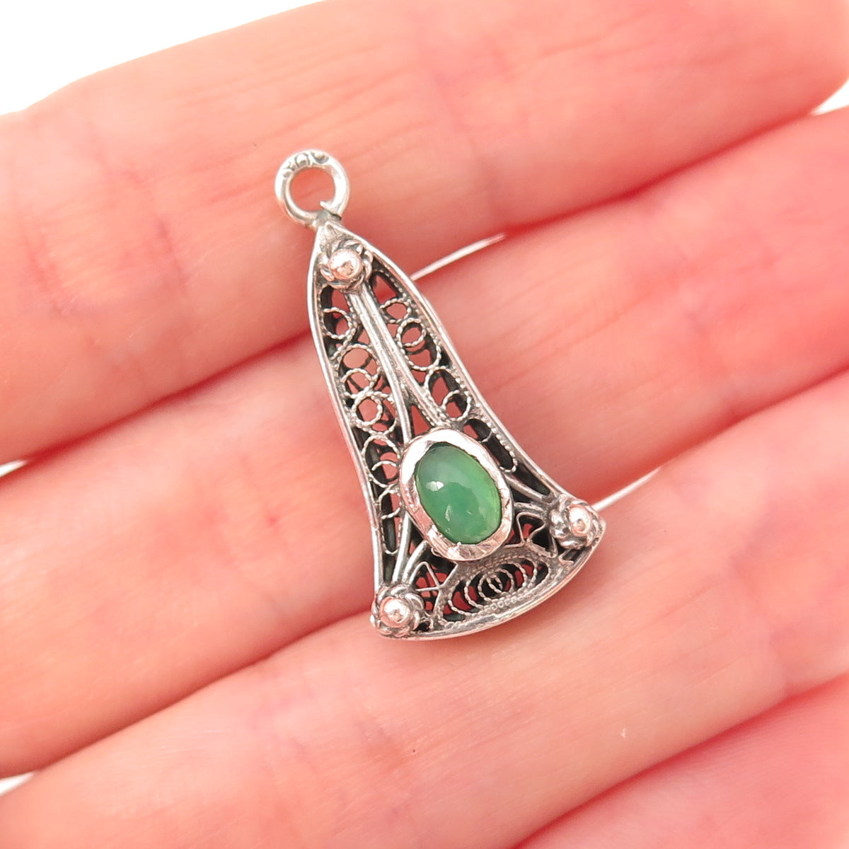 800 Silver Antique Art Deco Real Green Onyx Bell Filigree Oxidized Charm Pendant