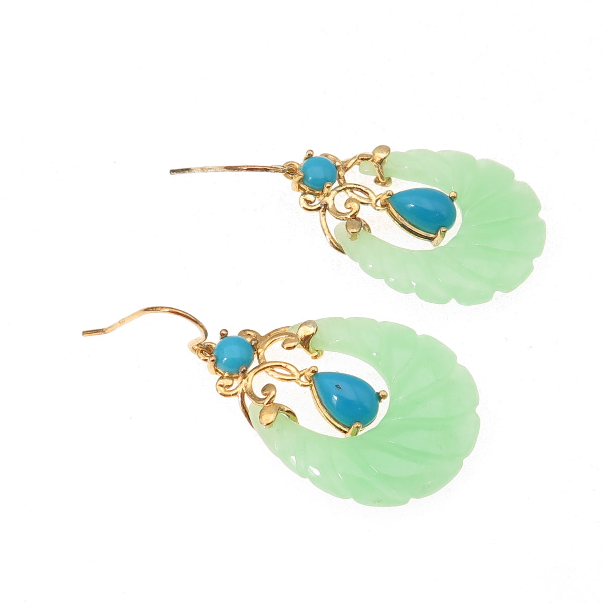 925 Sterling Silver Gold Plated Real Turquoise & Jade Teardrop Dangle Earrings