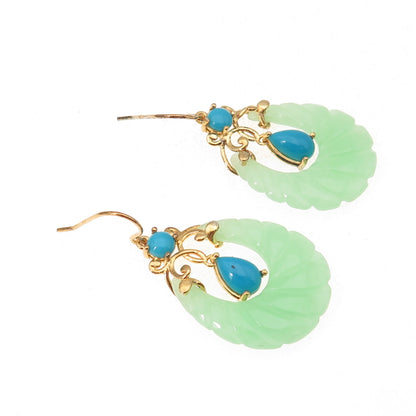 925 Sterling Silver Gold Plated Real Turquoise & Jade Teardrop Dangle Earrings