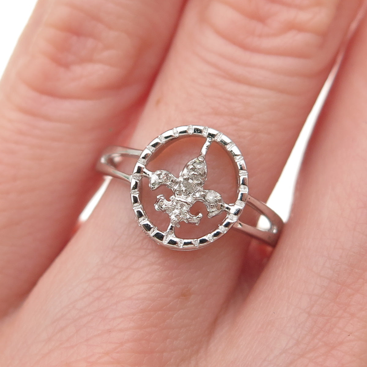 925 Sterling Silver Real Round-Cut Diamond Fleur de Lis Ring Size 6