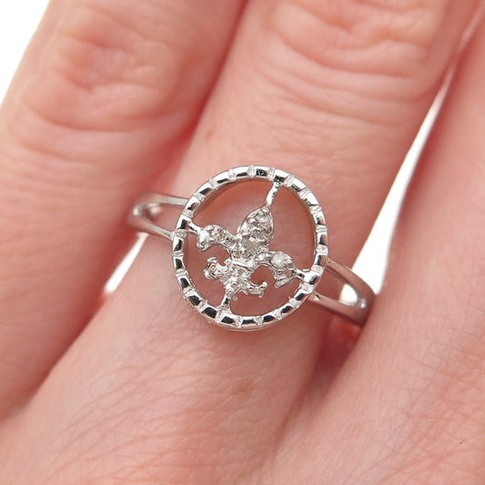 925 Sterling Silver Real Round-Cut Diamond Fleur de Lis Ring Size 6