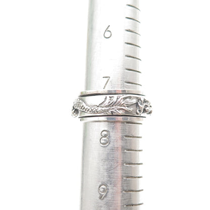 925 Sterling Silver Vintage Dragon Oxidized Rotating Band Ring Size 7.75
