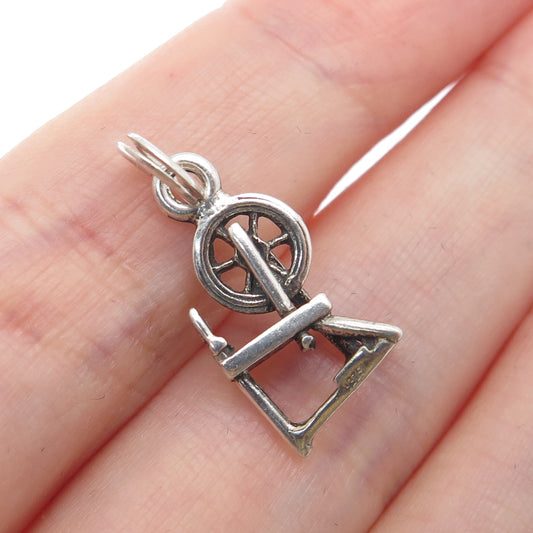 925 Sterling Silver Vintage Spinning Wheel Minimalist 3D Charm Pendant