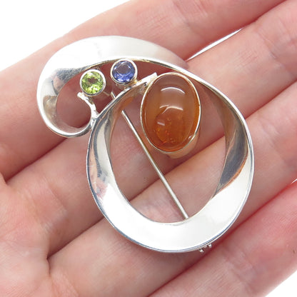 MICHOU 925 Sterling Silver Vintage Real Amber Iolite & Peridot Modernist Brooch