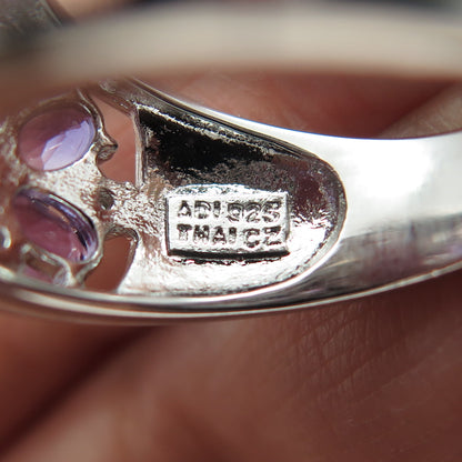 925 Sterling Silver Real Purple & Pink Amethyst & C Z Cluster Ring Size 6.75