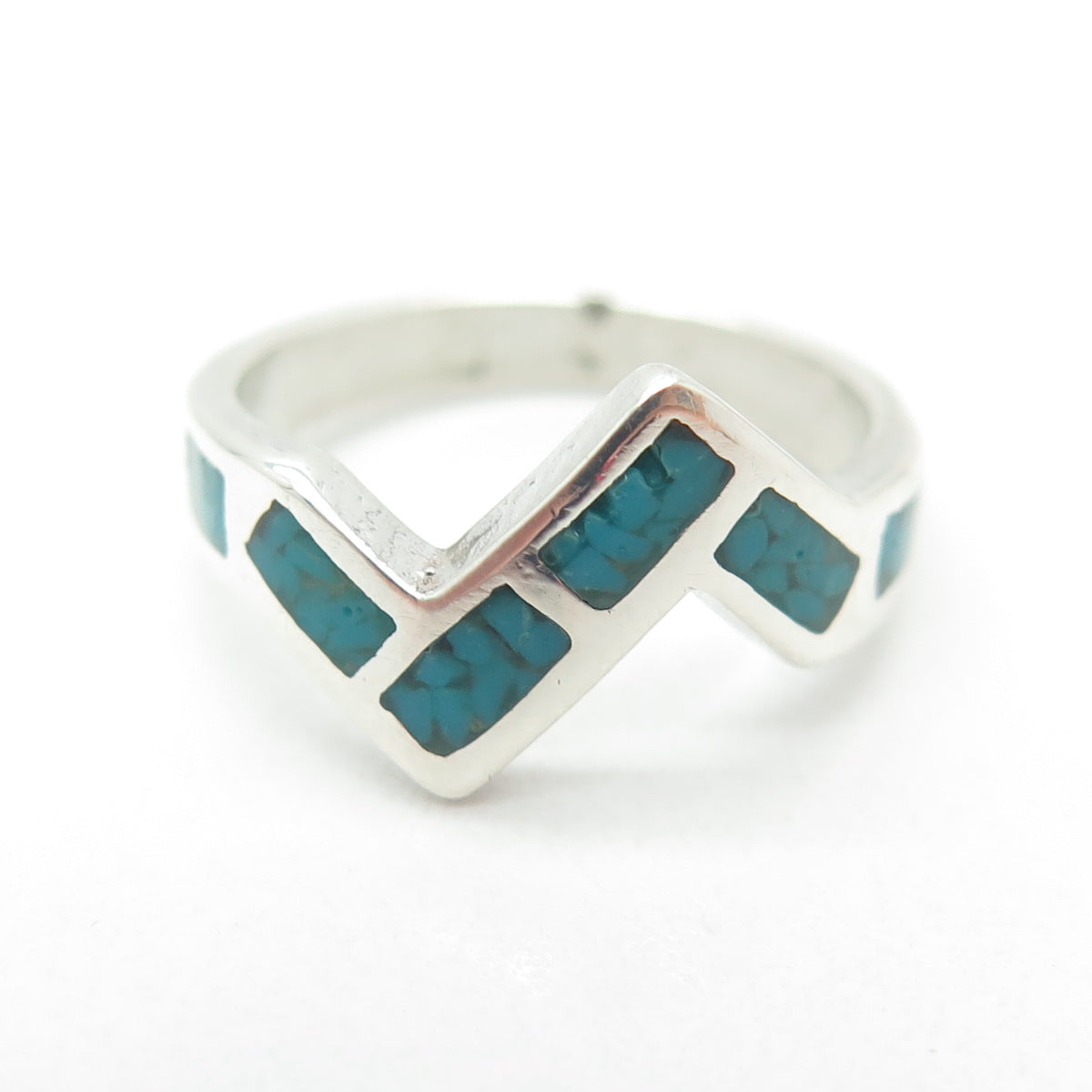 Old Pawn 925 Sterling Silver Southwestern Turquoise Inlay Zig Zag Ring Size 5.5