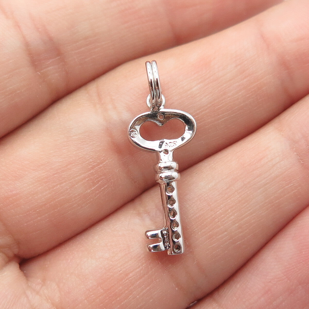 925 Sterling Silver White C Z Key From Heart Charm Pendant