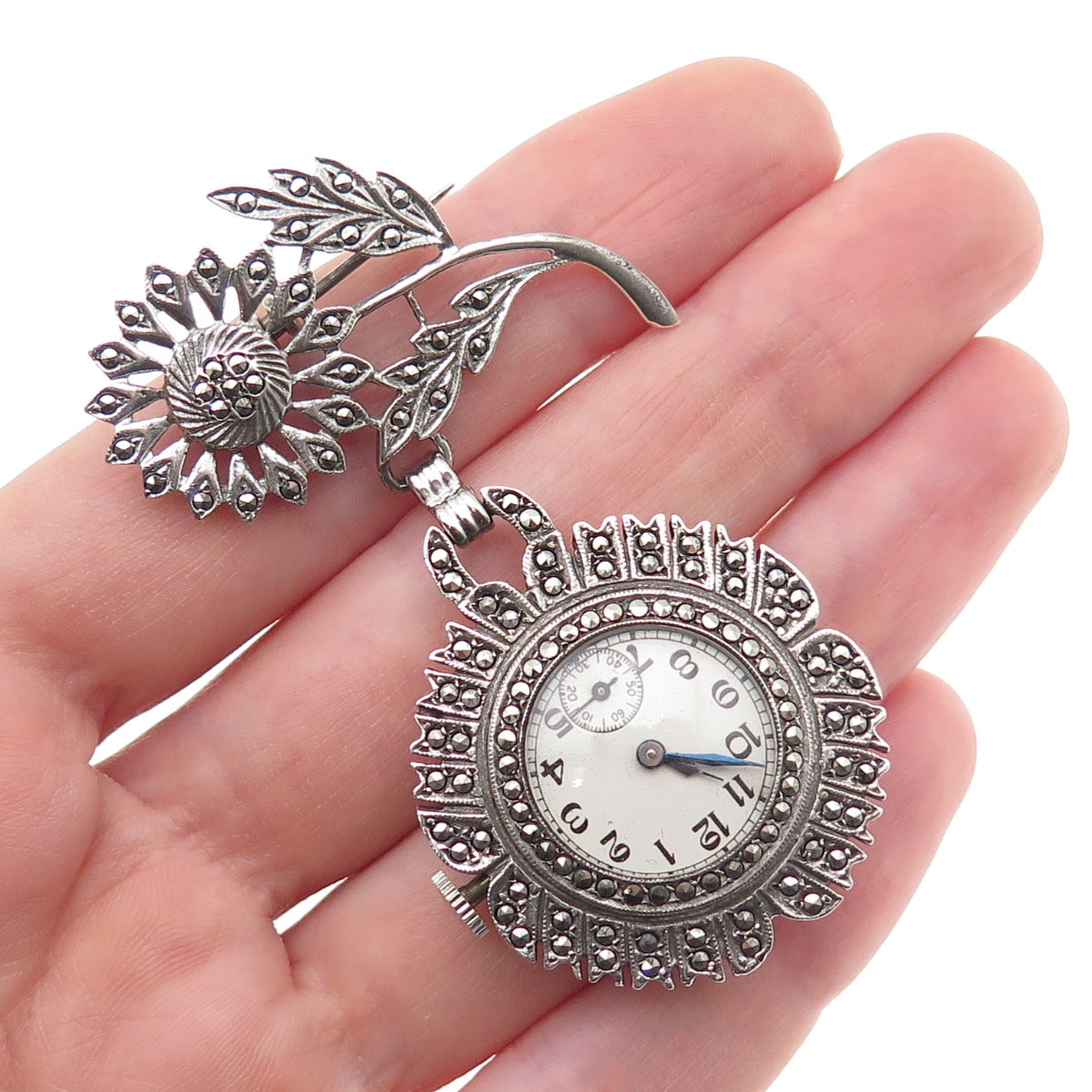 ROBOT CO 925 Sterling Antique Swiss Real Marcasite Flower 17 Jewels Watch Brooch