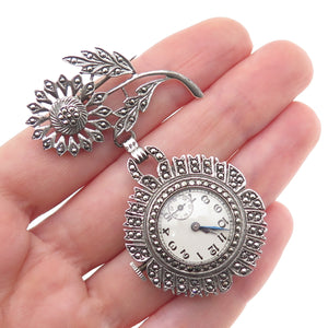 ROBOT CO 925 Sterling Antique Swiss Real Marcasite Flower 17 Jewels Watch Brooch