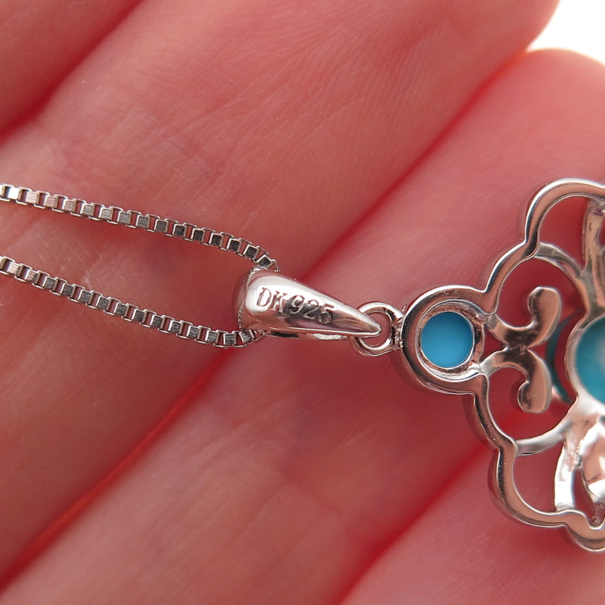 925 Sterling Real Sleeping Beauty Turquoise Floral Box Chain Necklace 18-20"