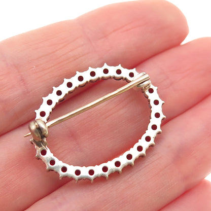 900 Silver Gold Plated Vintage Real Bohemian Garnet Oval Circle Pin Brooch