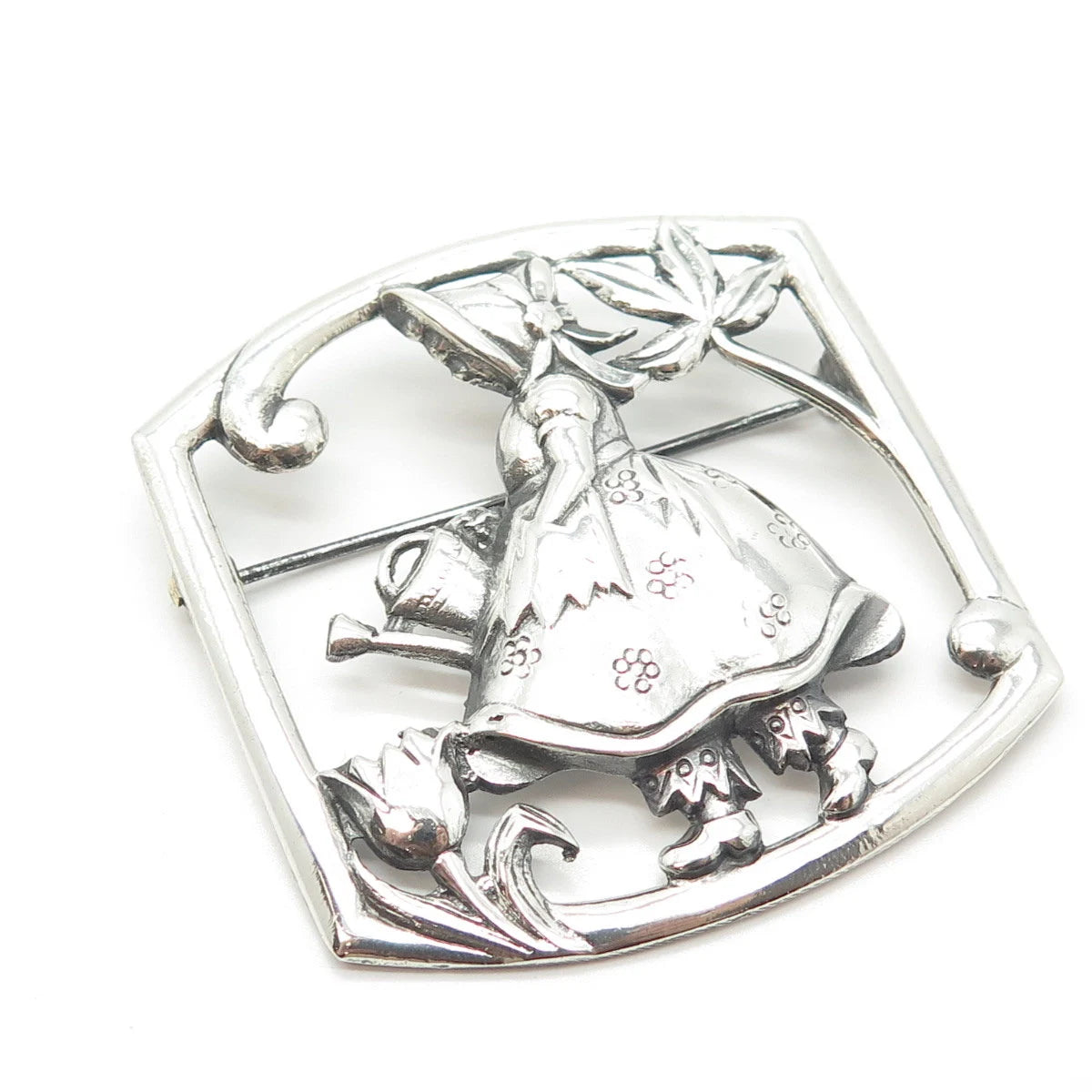 925 Sterling Silver Vintage Girl & Floral Pin Brooch