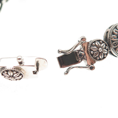 925 Sterling Silver Vintage Floral Disc Link Oxidized Bracelet 7"