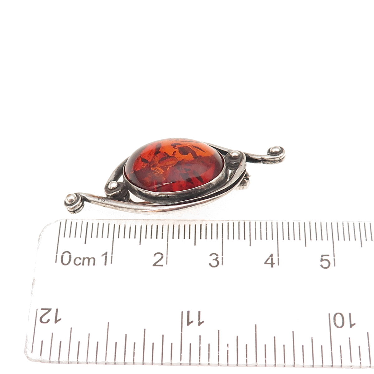 925 Sterling Silver Vintage Real Amber Modernist Oxidized Pin Brooch