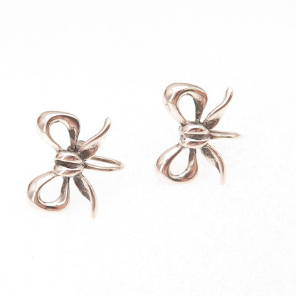 925 Sterling Silver Antique Art Deco Ribbon Bow Oxidized Screw Back Earrings
