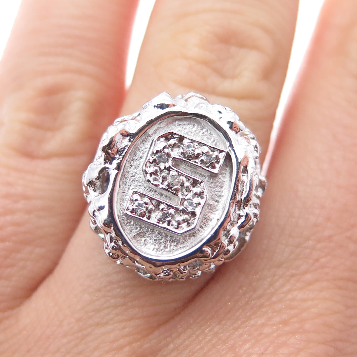 925 Sterling Silver Vintage Real Round-Cut Diamond Letter S Ring Size 6.75