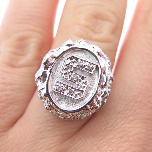 925 Sterling Silver Vintage Real Round-Cut Diamond Letter S Ring Size 6.75