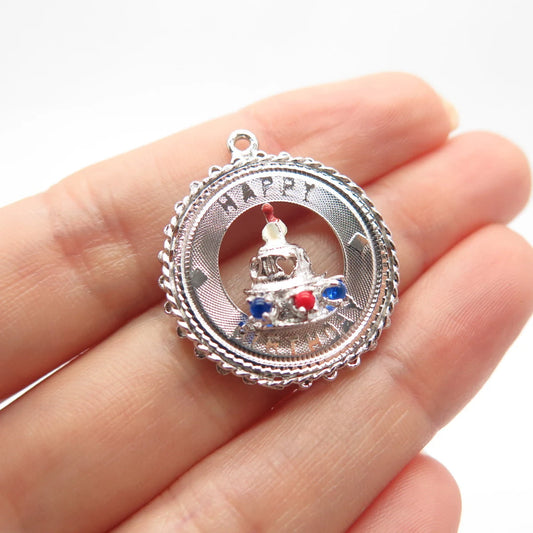 925 Sterling Silver Vintage Multi-Color Glass & Enamel "Happy Birthday" Pendant