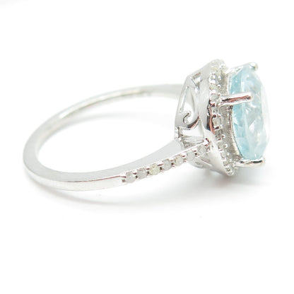 925 Sterling Silver Real Diamond Approx. 0.35ct & Aquamarine Gem Ring Size 8