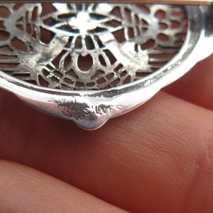 925 Sterling Silver Antique Art Deco Real Marcasite Filigree Oxidized Pin Brooch