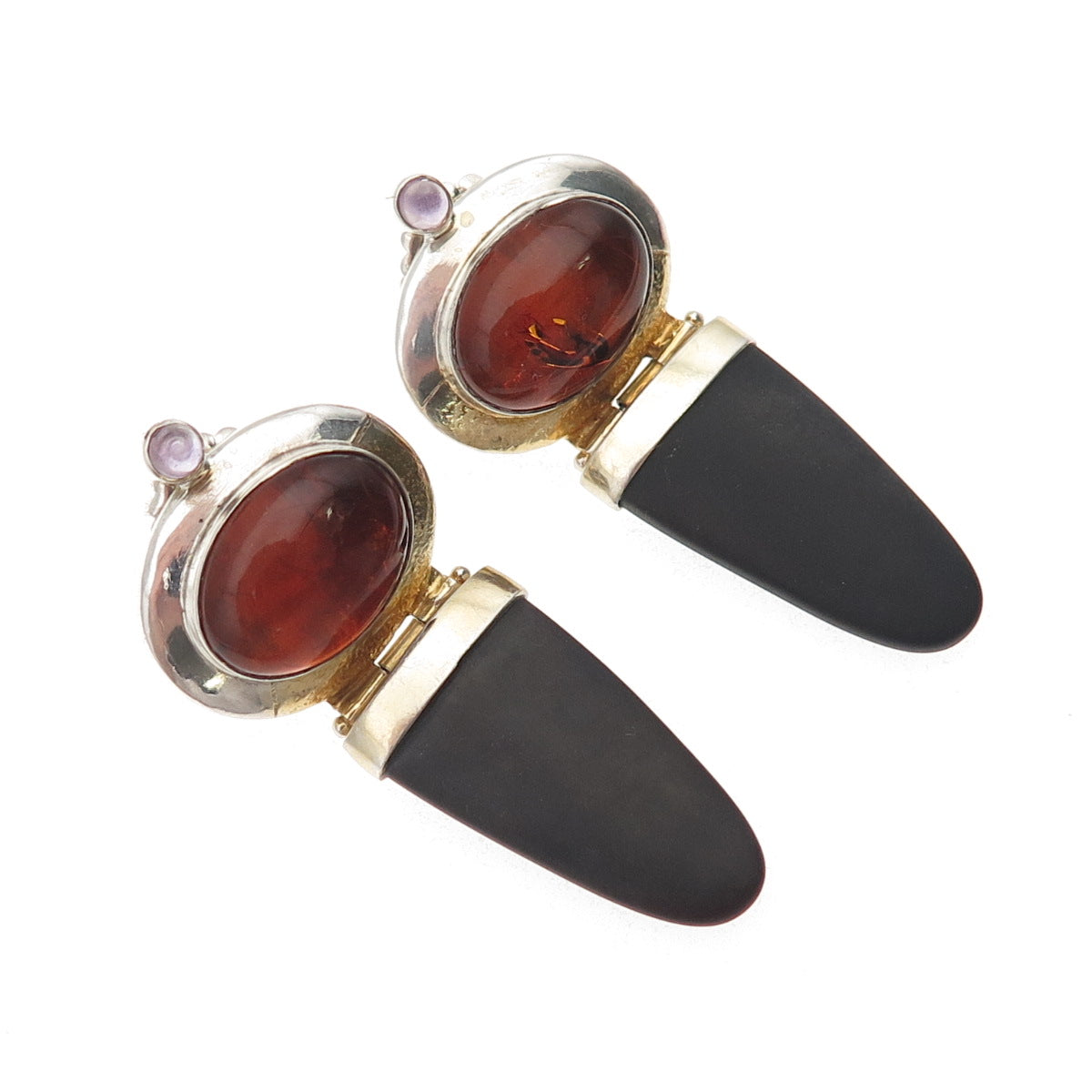 Michou 925 Sterling Silver 2-Tone Vintage Real Amber Amethyst Obsidian Earrings