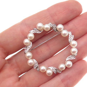 925 Sterling Antique Art Deco Real Pearl & White Topaz Circle of Life Pin Brooch