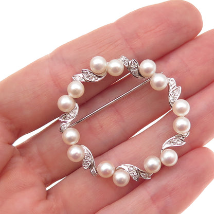 925 Sterling Antique Art Deco Real Pearl & White Topaz Circle of Life Pin Brooch