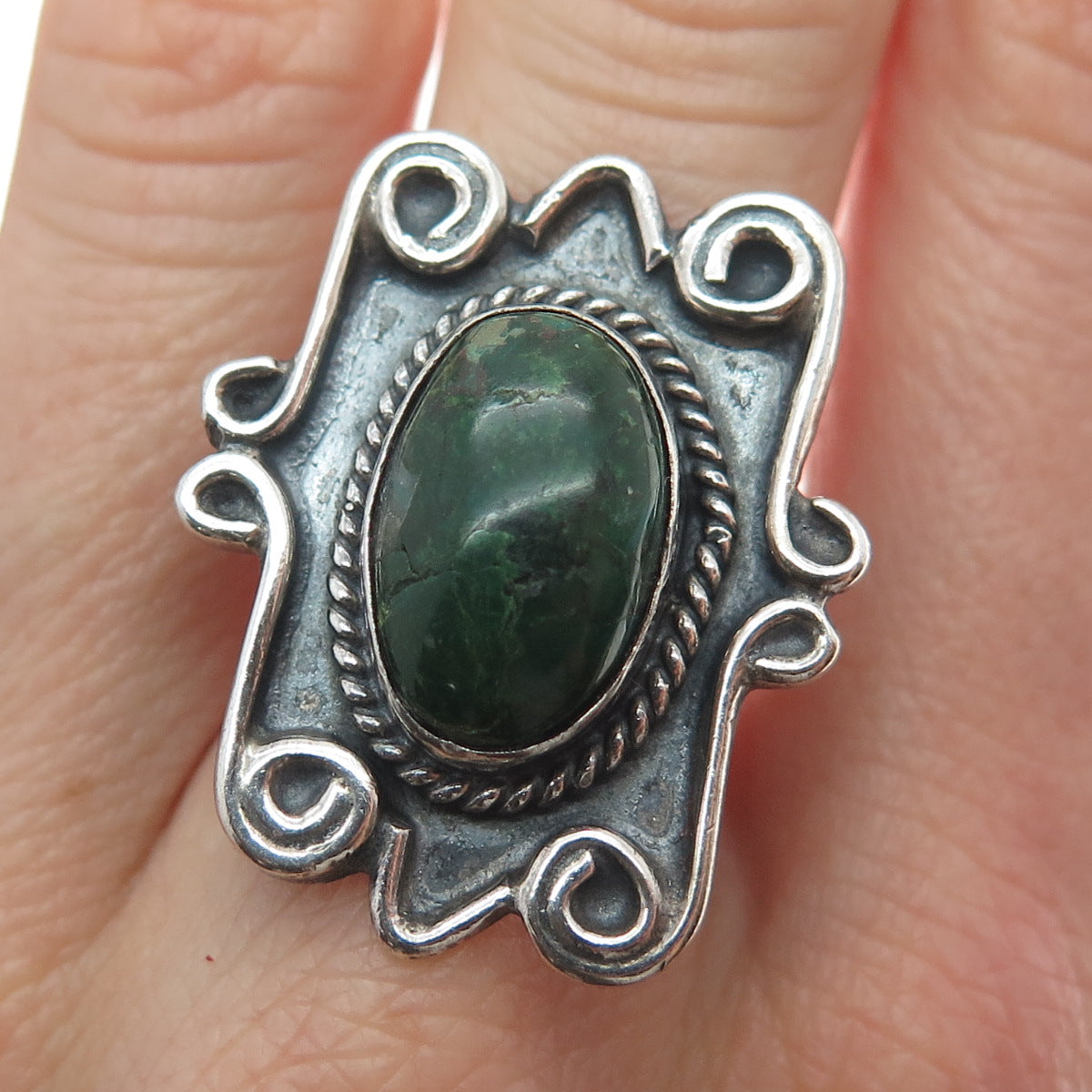 Old Pawn Sterling Silver Vintage Royston Turquoise Oxidized Tribal Ring Size 7