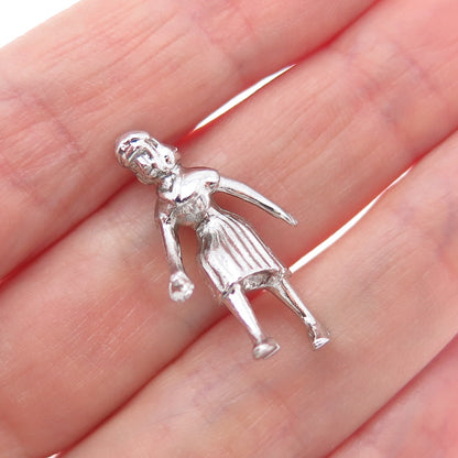 925 Sterling Silver Vintage Female Bowler Mini 3D Charm Pendant